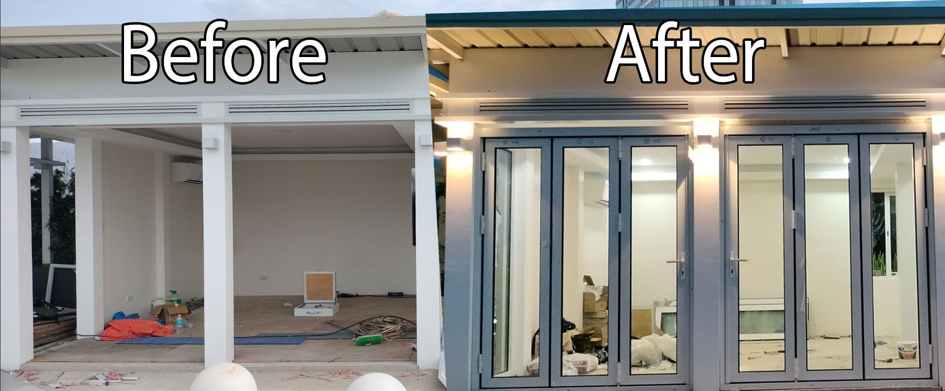 before and after installation of bifold doors - Pre Glass Installer Cebu